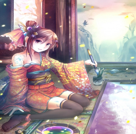 Oriental Girl - art, pretty, girl, oriental, kimono, orginal