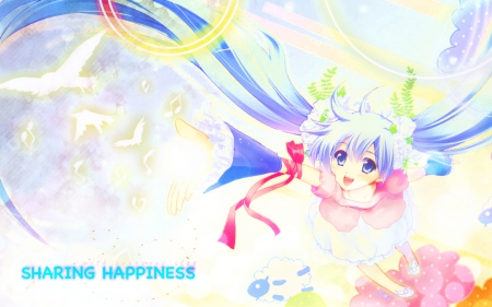 ~Sharing Happiness~ - music notes, girl, pretty, anime, colorful, long hair, flowers, birds