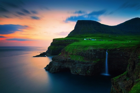 Faroer islands - ocean, water, faroer, waterfall, village, view, beautiful, clouds, green, island, color, photo