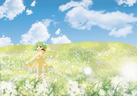 Are You Coming? - clouds, anime, macross frontier, dress, green hair, ranka lee, red eyes, field, sky