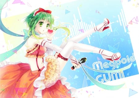 ~Megpoid Gumi~ - anime, vocaloid, green eyes, green hair, microphone, short hair, gumi, stockings, navel