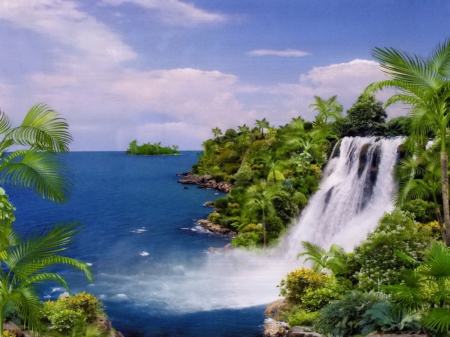 Treasure island - nice, sky, tropics, water, waterfall, coast, rocks, view, pretty, clouds, ocean, treasure, palms, lovely, beautiful, blue, island, sea