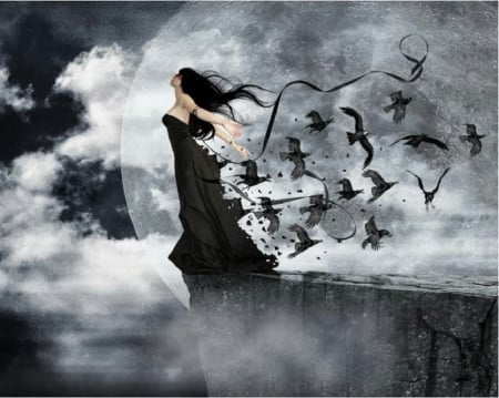 Gothc lady with a crows - abstract, fantasy, lady, gothic, crows