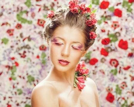 Womans beauty - face, petals, model, flowers, makeup, woman