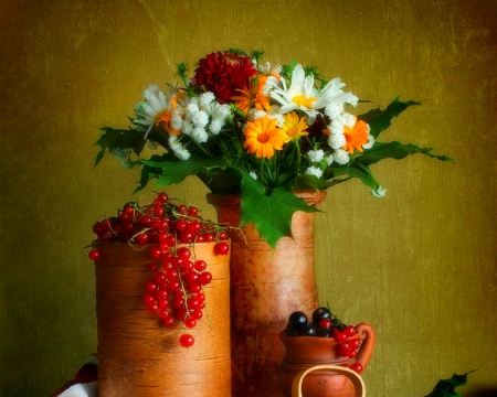 Still life - flowers, vase, still life, petals