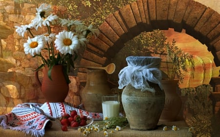 Still life - flowers, vase, jars, still life