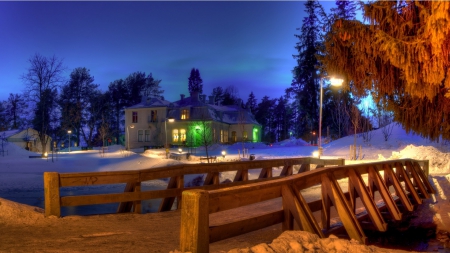 wonderful wooden bridge in vasterbotten sweden - trees, town, winter, night, bridge, lights