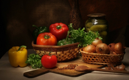 Still life - tray, laddle, pickles, food, still life, onions, pepper