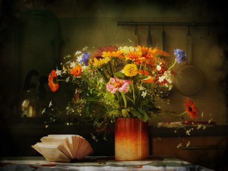 still life - book, flower bouquet, flower, bouquet, still life, beautifully