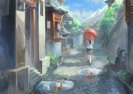 Red umbrella - long ahir, sky, red umbrella, trees, female, mountains, anime girl, bicycle, clouds, anime, house