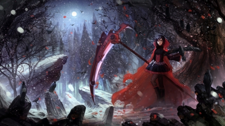 Ruby Rose - anime, blossoms, birds, female, dress, night, forest, res, flowers, red hair, rwby, red, sky, scythe, moon, anime girl, trees, ruby rose, rose