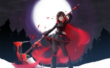 Ruby Rose - sky, female, ruby rose, silver eyes, cool, blossoms, short ahir, anime, moon, anime girls, scythe, night, red hair, rwby, forest, snow, weapon, dress