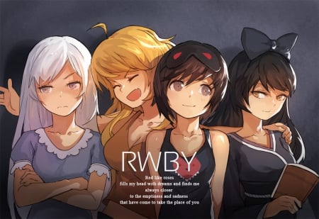 RWBY - anime, anime girl, blake belladonna, bff, cool, happy, rwby, smile, weiss schnee, ruby rose, friends, yang xiao long