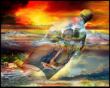 ~La Sirene Bouteille~ - bottle, softness beauty, creative pre-made, backgrounds, digital art, weird things people wear, photomanipulation, La sirene bouteille, girls, fantasy, siren, mermaid, surreal, model