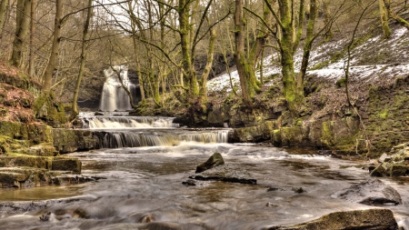 waterfall in a forest stream - forest, winter, stream, waterfall, rocks