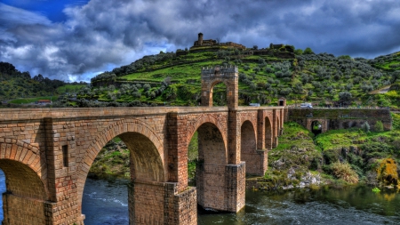 marvelous brick bridge in spain hdr - hill, clouds, river, brick, hdr, bridge