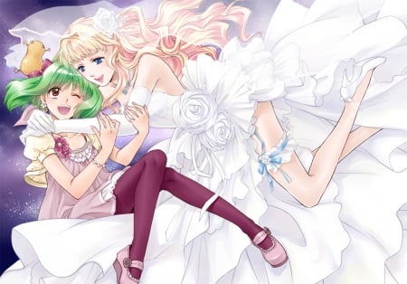 Besties For Life!! - macross frontier, bride, wedding dress, sheryl nome, anime, friends, garter, green hair, ranka lee, blonde