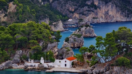 beautiful chapel in a wild greek seacoast - trees, chapel, coast, sea, rocks