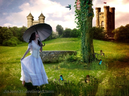 Walking in the Castle - fantasy, lady, castle, garden