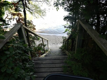 Tyndale Beach area - trees, stairs, water, beach, sand