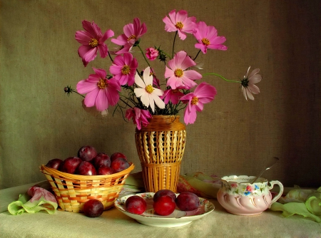 Still life - nice, fruits, delicate, colorful, summer, bouquet, tender, lovely, berries, still life, cup, vase, pretty, beautiful, flowers, flower