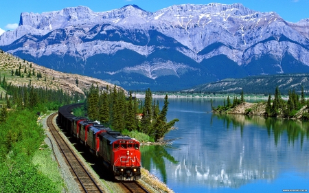 Railroad - nice, canadian, sky, trees, clear, mirrored, path, rocks, train, calm, railroad, reflection, river, snowy, cliffs, railway, lake, mountain, travel, shore, peaks, lovely, trip, blue, beautiful