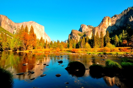 Yosemite autumn - national, crystal, mountain, Yosemite, nice, mirrored, stonesm, colors, stones, lakeshore, fall, river, nature, autumn, clear, serenity, quiet, blue, leaves, calmness, riverbank, cliffs, waters, lake, sky, falling, trees, beautiful, lovely, peaks, aters, season, park, foliage, rocks