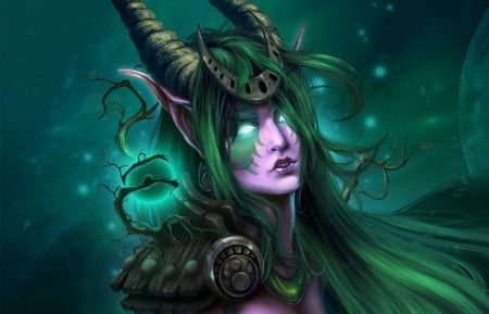 Fantasy girl - woman, girl, fantasy, wow, halloween, game, world of warcraft, creature, pink, green, hornes