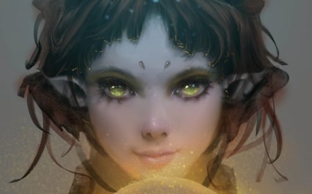 Fantasy girl - woman, green eyes, elf, sorceress, girl, game, magic, fantasy