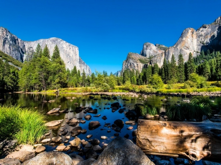 Yosemite valley - nice, sky, valley, mirrored, rocks, national, view, reflection, river, clouds, grass, lake, landscape, mountain, park, summer, shore, lovely, nature, yosemite, beautiful, stones