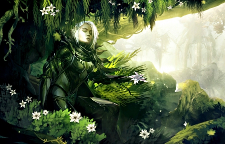 Resting - fighter, game, resting, girl, flower, fantasy, white, guild wars, green, woman