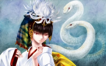 Princess - flower, animal, yellow, anime, snake, girl, blue, lotus, white, red eyes, fantasy, princess, asian