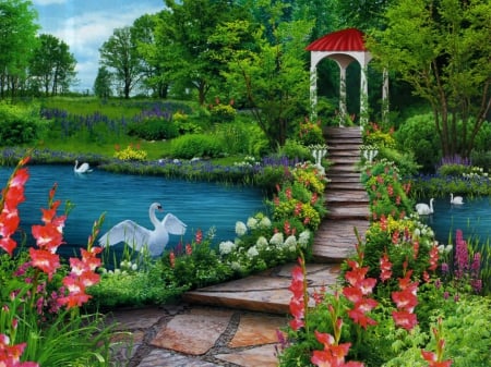 Gazebo of love - nice, trees, paradise, peaceful, greenery, water, gazebo, fantasy, calm, art, quiet, pretty, calmness, romance, pond, bridge, love, lake, swans, park, summer, lovely, plants, serenity, nature, tranquility, romantic, beautiful, flowers