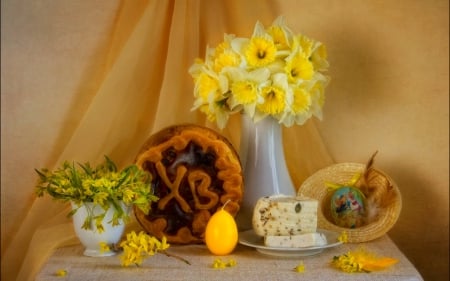 Still life - flowers, vase, food, still life