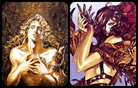 Castlevania - game, castlevania, by cehenot, collage, angel, man, Ayami Kojima, vampire, fantasy, red, golden, art