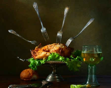 Still life - glass, fork, food, still life, chicken