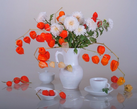 Still life - jar, tea, flowers, still life, cup