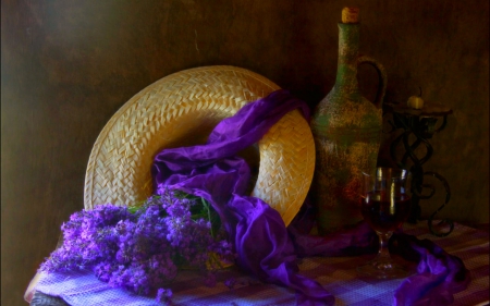 Still life - jar, hat, flowers, still life, lilac