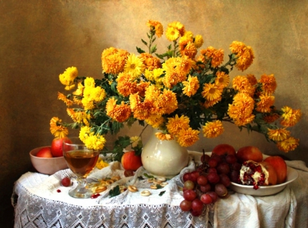 Golden flowers of autumn - beutiful, beauty, autumn, colorful, pomegranates, shine, still life, tasty, pretzels, table, golden, glass, fruits, light, colored, saucer, chrysanthemums, apples, vase, nature, rich, flowers, grapes, natural