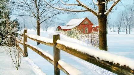 Winter in new england - farm, fence, winter, colorful, road, snow, beautiful, house, photo, new ewngland