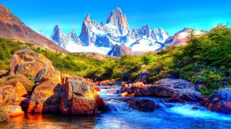 Highlight mountains - mountain, river, beautiful, colorful, water, splendor, highlight