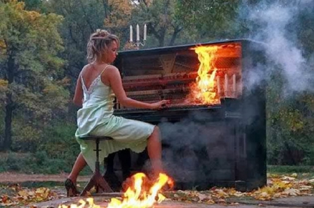 Burning Autumn - fall leaves, nature, autumn, garden, girl, burning piano