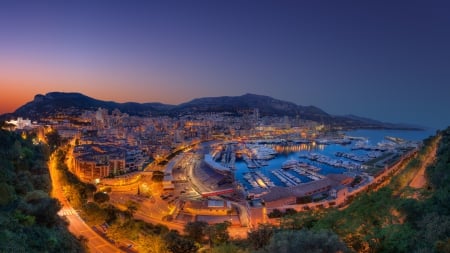 fantastic monte carlo at dusk - marina, lights, dusk, city, mountains