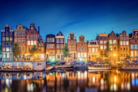 Night in Amsterdam - water, holland, city lights, reflection, architecture, rivers, boat, amsterdam, houses, boats, night, nature, netherlands, beautiful, city, splendor, lights