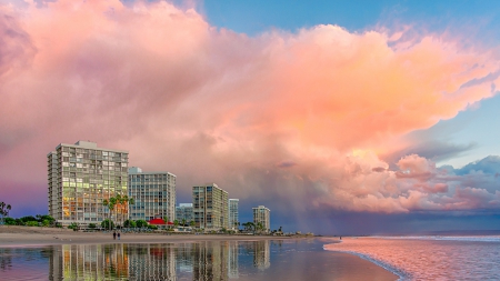 fabulous sky over beach front apartments - sky, clouds, beach, city, sea