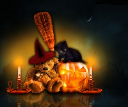 Love it..Halloween - photomanipulation, hat, pumpkin, candles, creative pre-made, halloween, digital art, artwork, cute, cat, bear, lovely, kitten, weird things people wear, backgrounds, broom, sweet, teddy bear, lights