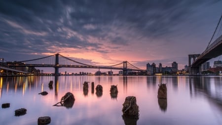 bridges view from the east river in nyc - river, city, dusk, bridges, pylons