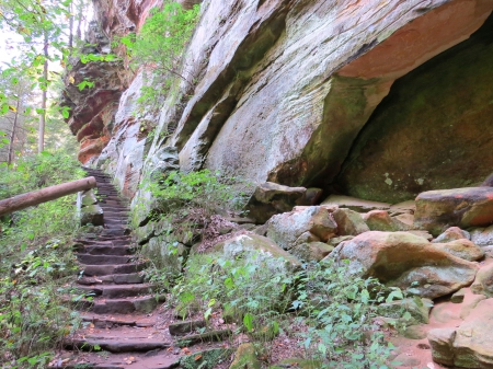 Ice Made; Man Helped - autumn, ohio, cliff, pine, nature, hike, fall, forest, trail, hocking hills, steps, leaves, cave, tree