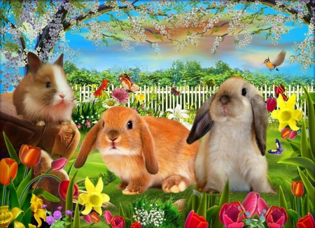 Cute friends - pretty, blossoms, grass, meadow, spring, flowers, garden, friends, nice, rabbit, beautiful, guinea pig, lovely, freshness, sweet, fence, blooming, tree, colorful, tulips, cute, bunnies, adorable, animals