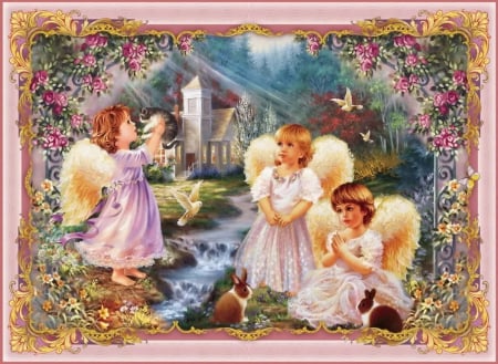 Angels - girls, nice, paradise, wings, kids, lovely, heaven, creek, pretty, beautiful, angels, flowers, garden, birds